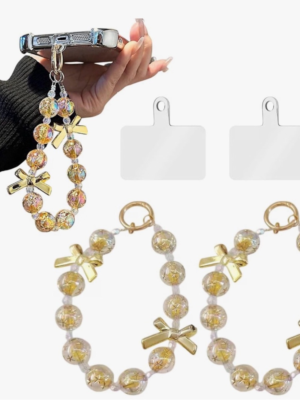 Iridescent Gold and Silver Beaded Phone Wrist Strap with Bow Charm